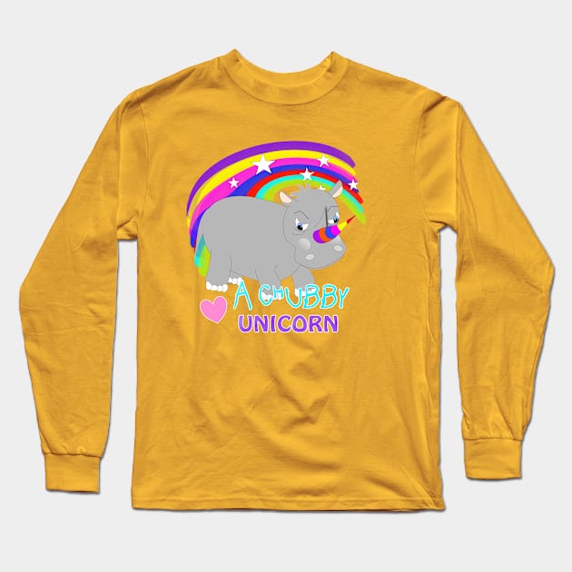 Love A Chubby Unicorn Cute Whimsy Rainbow Rhino Cartoon Long Sleeve T-Shirt by Flissitations